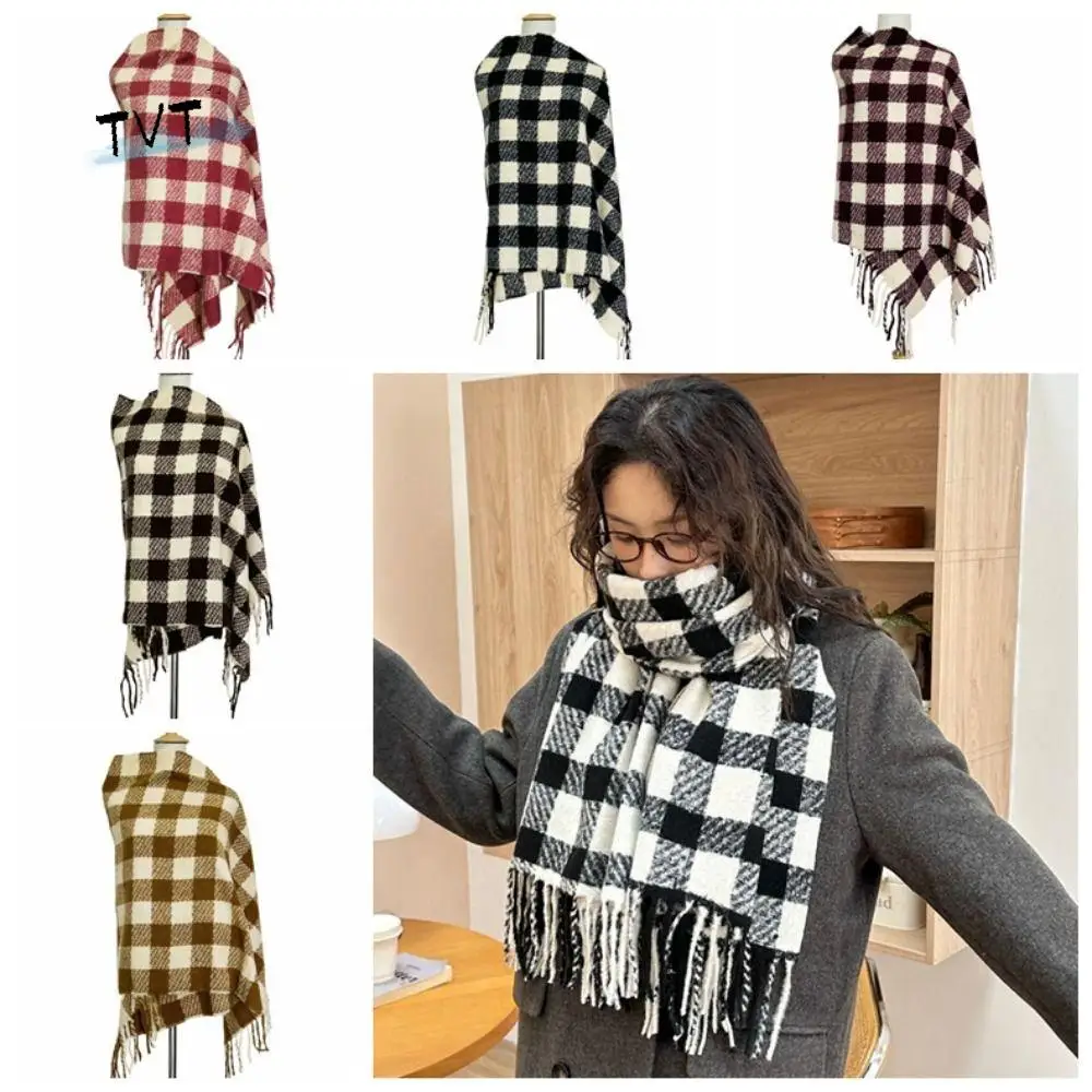 

Casual Checkered Wool Tassel Scarf Korean Style Coldproof Winter Cashmere Scarves Warm Thicken Women Cashmere Shawl Female