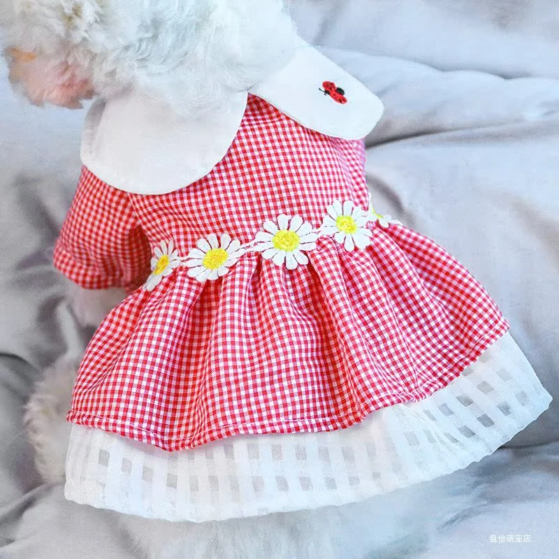 1PC Pet Clothing Dog Cat Spring/Summer Thin Ladybug Red Checkered Princess Skirt Suitable for Small and Medium sized Dogs