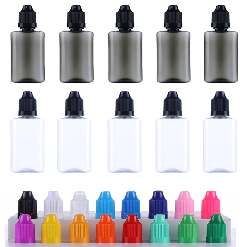 10 Stuks Helder En Zwart Plastic Huisdier Flat 30Ml Druppelaar Lege Fles Oog Vloeibare Olie Tattoo Inkt Vape Container Lange Tip Dop Met Trechter