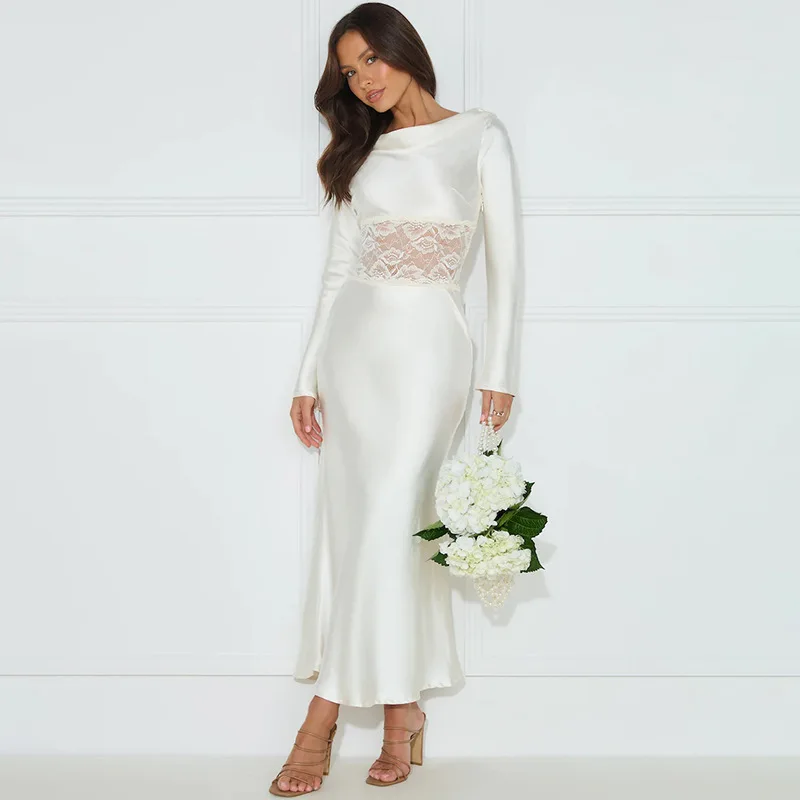 Estate New Faion Pure Color Lungo Sve Donna Dr Casual Vita alta Abito a trapezio Tessuto di pizzo Ele Lady Bal Dr