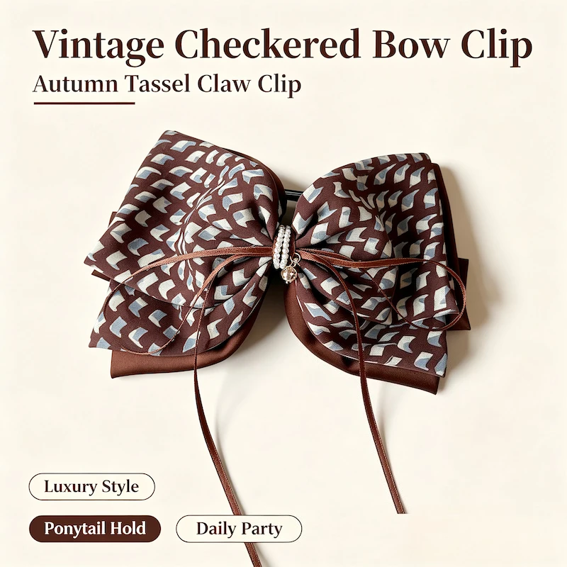 Vintage Checkered Bow Hair Clip Women Autumn New Tassel Claw Clip Luxury Versatile Ponytail Clip Fashion Girls Hair Accessories