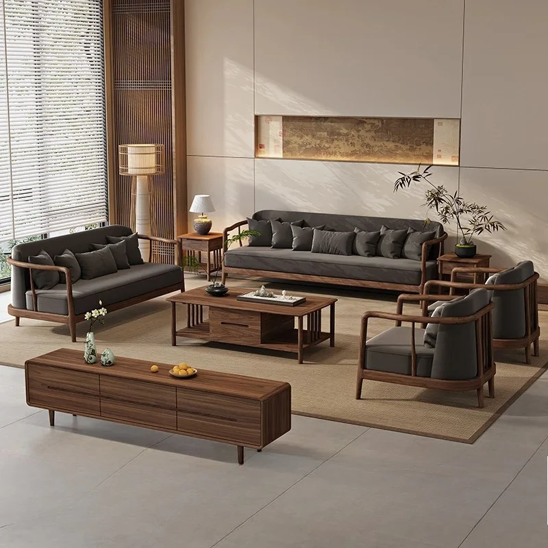 lt black walnut sofa combination solid wood small apartment living room rural new Chinese style