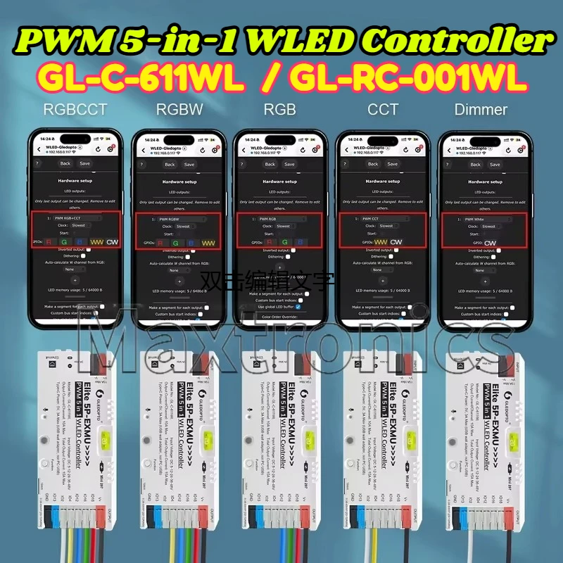 NEW WiFi+Ethernet PWM 5-in-1 WLED Controller GL-C-611WL Elite 5P-EXMU15A GLEDOPTO for RGBCCT/RGBW/RGB/CCT/Dimmer LED Strip Light