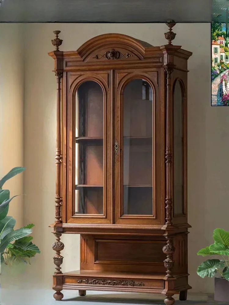 

Side cabinet against the wall Solid wood integrated French retro glass Medieval side cabinet American