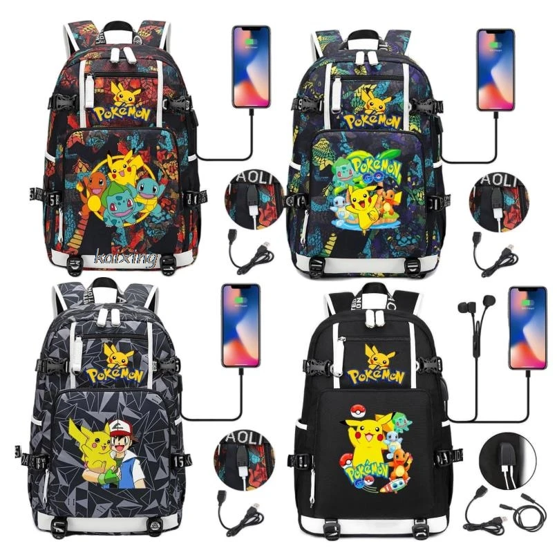 Hot Miniso Set Pikachu Pokémon Mannen Vrouwen Usb Opladen Laptop Reizen Rugzakken Jongens Meisjes Tiener School Tassen Mochila