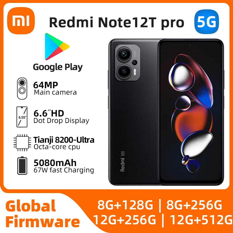 Xiaomi Redmi Note 12T Pro 5G 256GB/512GB Dimensity 8200 Ultra 140Hz LCD Display 64MP Triple Camera 5080mAh used phone