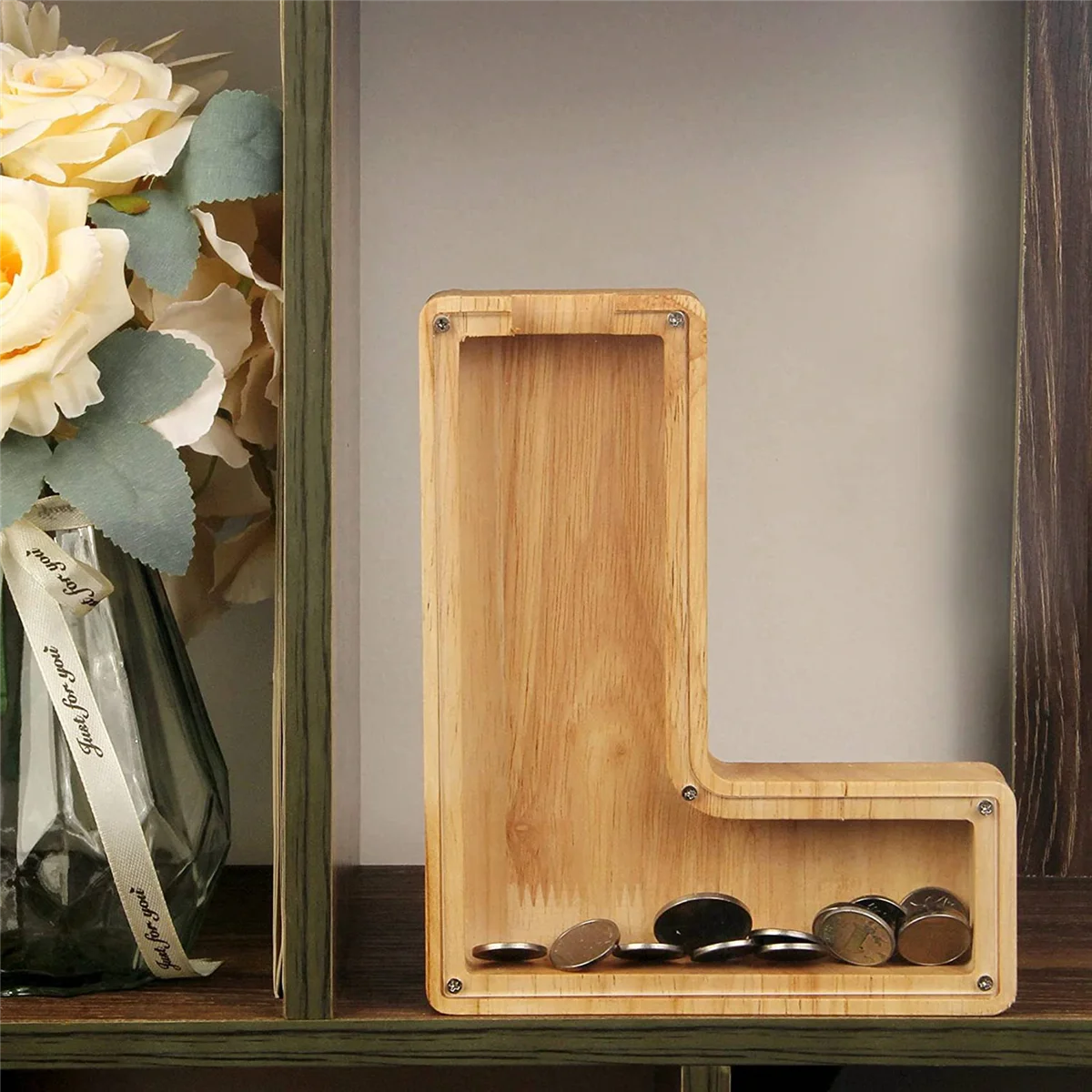 A72Z 2X tirelire personnalisée en bois Alphabet pour enfants pot d'argent pièce de monnaie adultes boîte d'épargne lettre décor (Alphabet-L)