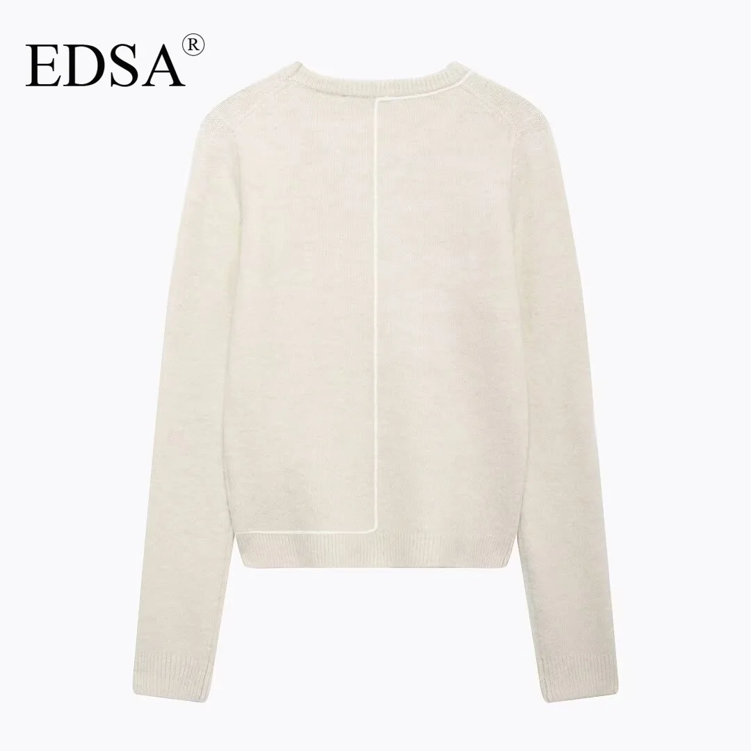 EDSA Women Patchwork Pullover Knitted Sweater Vintage O-Neck Long Sleeves Female Chic Lady Coat Tops