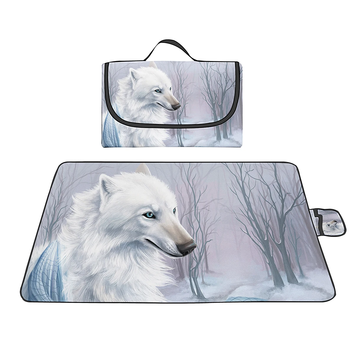 Large Waterproof Picnic Blanket Outdoor Foldable Lightweight Sand Mat Perfect for Family Picnics Camping Beach Animal Wolf Print