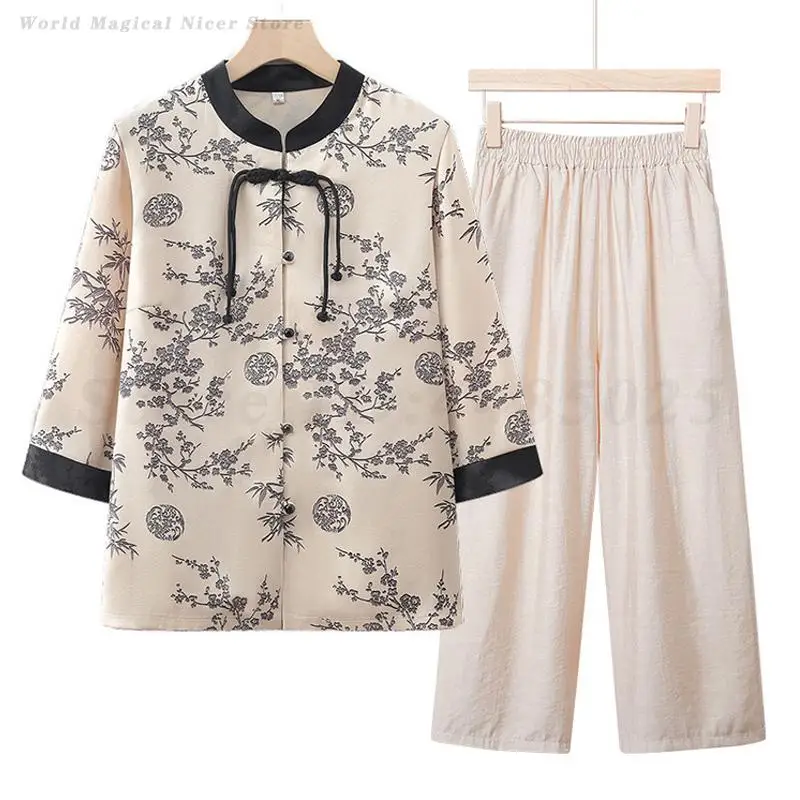 Middle Aged Mother Tang Suit 2025 Spring Summer Print Flower Shirt Pants Set Chinese Traditional Vintage Button Blouses XL-5XL