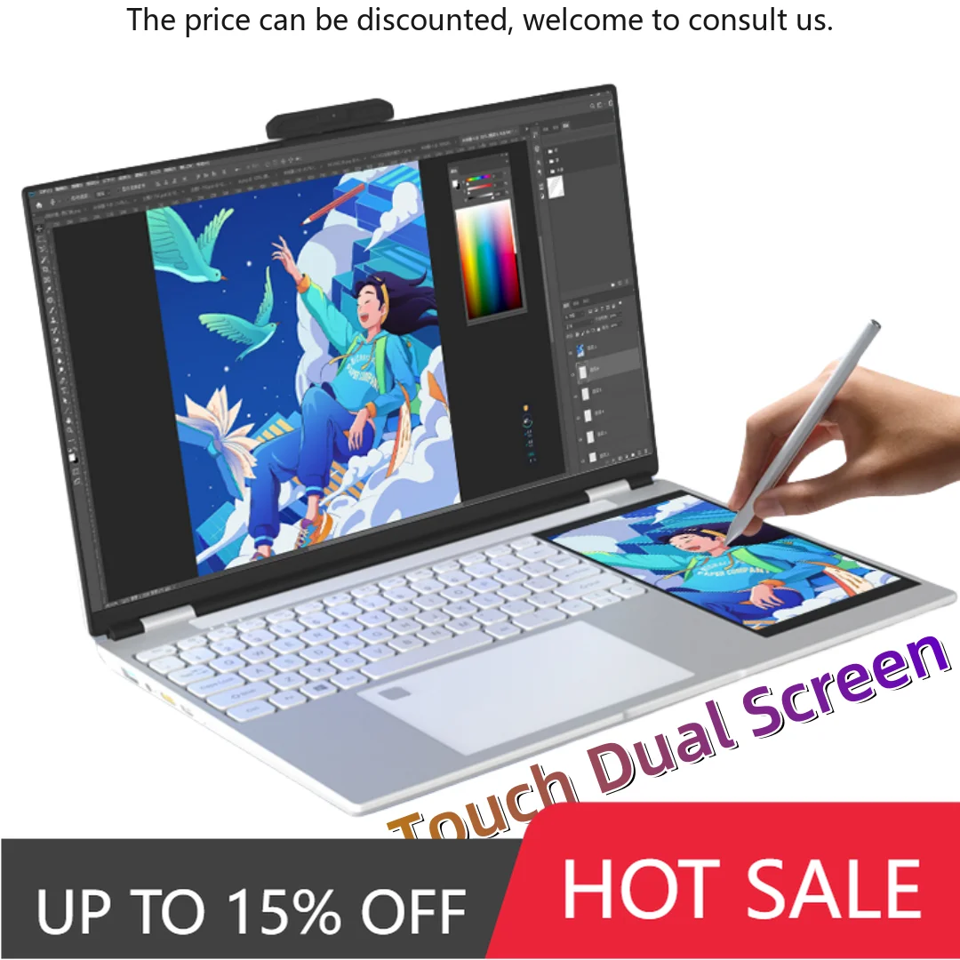 

Brand Customization 180 Angle Opening Two Monitor Notebook Pc Intel Celeron N100 Quad Core Double Dual Screen Touch Laptop