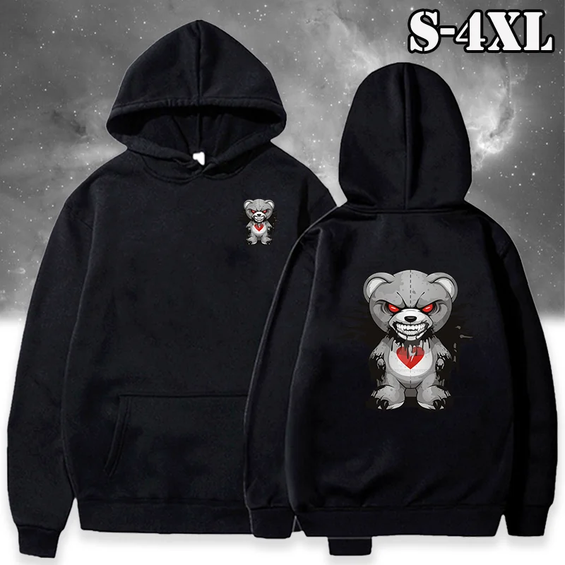 New Funny Evil Bear Hoodie Bear Print Clothing Casual Hooded Men Fashion Sweatshirts Fleece Loose Streetwear