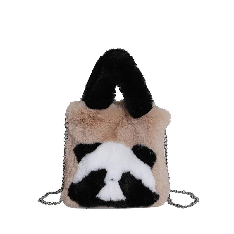 Lovely Fashion Advanced Feeling Handbags 2024 New Mink Fur Panda Cartoon Large Capacity Versatile Western Style Crossbody Bag