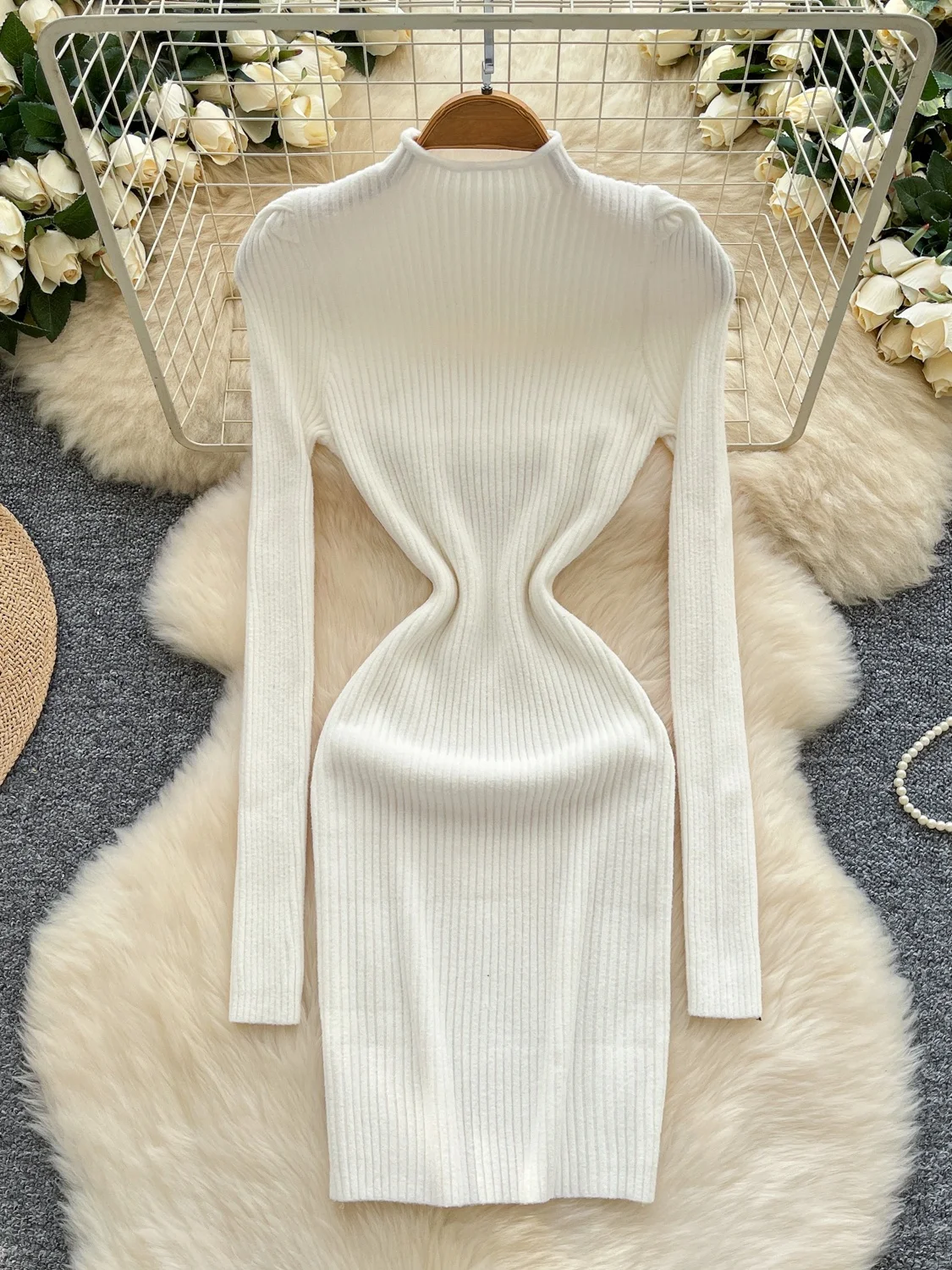 ハイネックバブルスウェット、スリムフィットボディコンスカート、ハイウエストポリエステル繊維通勤服