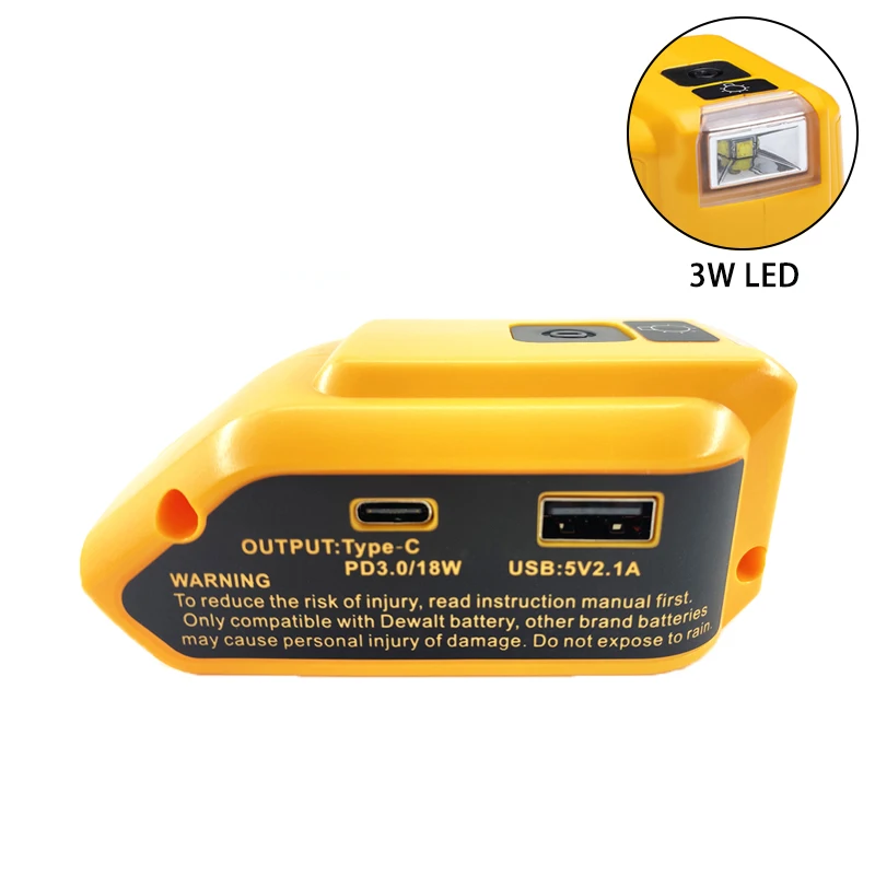 Replacement Battery Adapter with 3W LED for Dewalt 18V 20V Max Lithium Battery Power Source Supply USB Output Converter 5V 2.1A