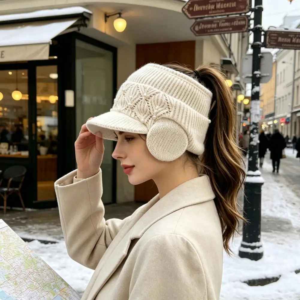 Comfortable Outdoor Ear Warmer Winter Knitted Visor Hat Winter Ponytail Hat with Ear Flaps Women’s Knitted Peaked for Outdoor