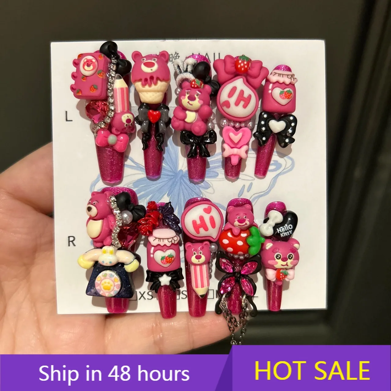 YTYIN الفاخرة اليدوية الفراولة الدب الكرتون درع يرتدي الأظافر الاصطناعية سوبر لطيف مربع نمط أظافر الأصابع الرغبة النقية #1