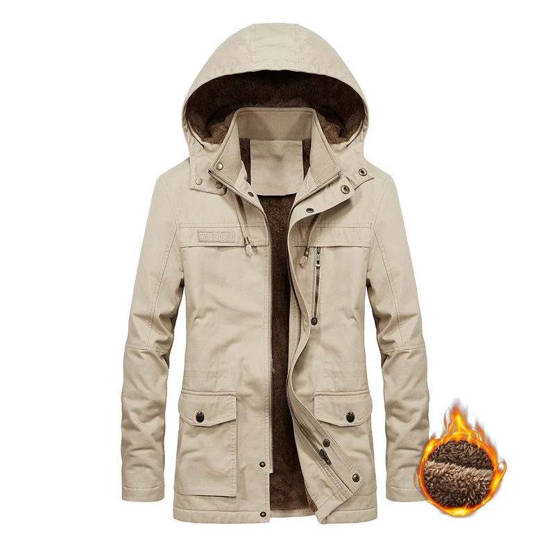 

New Men Winter Cargo Fleece Warm Casual Detachable Hooded Jacket Men Multi Pockets Outdoor Windproof Simple Jacket Male Coat 5XL