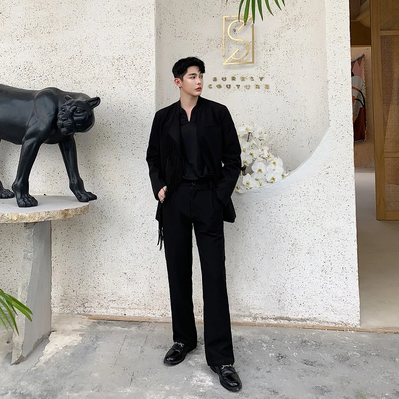 

Мужские широкие брюки Ele Bla: повседневные, однотонные, прямого кроя, длинные, модные, осенние, для работы, молодежный тренд