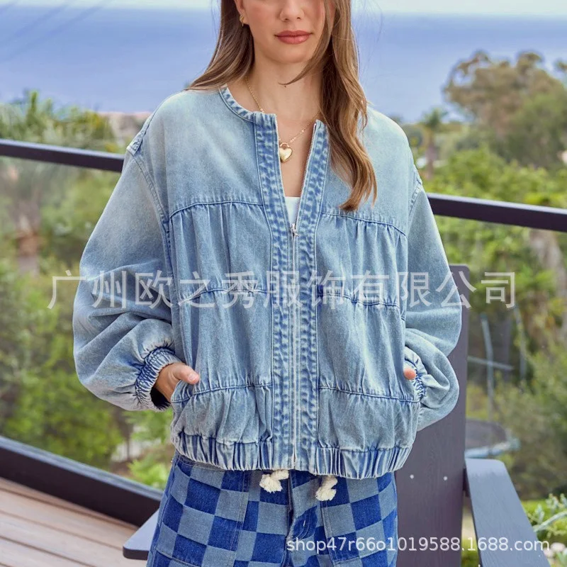 Women's Autumn Spring Top Coat Denim Round Neck Zipper Simple Comfortable Casual Design Fashion Advanced Niche Versatile Skinny