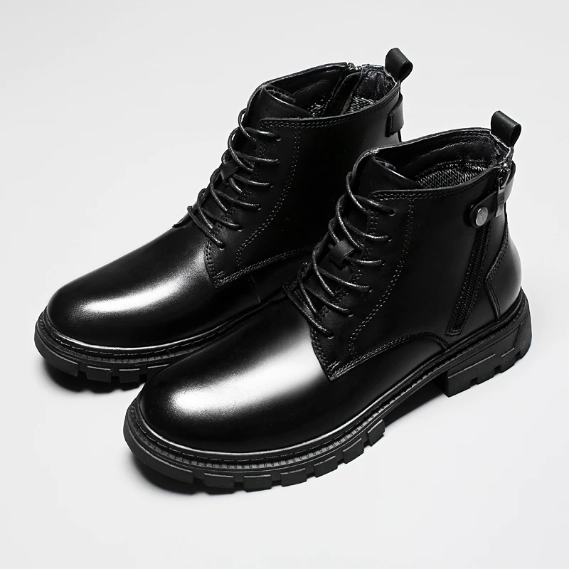 Zapatos altos de cuero genuino para hombre, zapatos cálidos de felpa a la moda para invierno, botines para exteriores con cordones, Botas antideslizantes para motocicleta