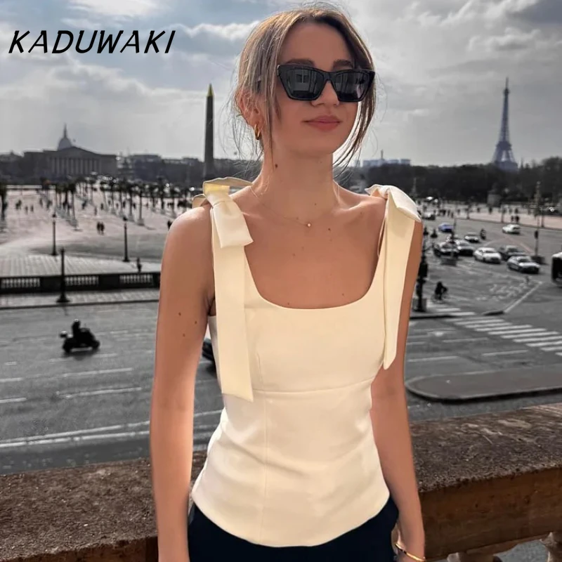 

KADUWAKI Summer Bow Square Collar Sling Top Female New Fashion Sexy Sleeveless High Street Side Zipper Slim Solid T-Shirts Goth