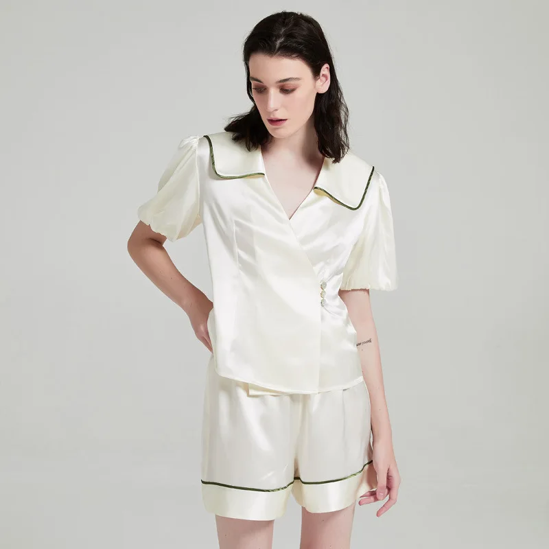 Women 100% Mulberry Silk Pajama Set Square Collar Puff Short Sleeve Top and Shorts Summer Cute Luxury Silk Sleepwear Loungewear