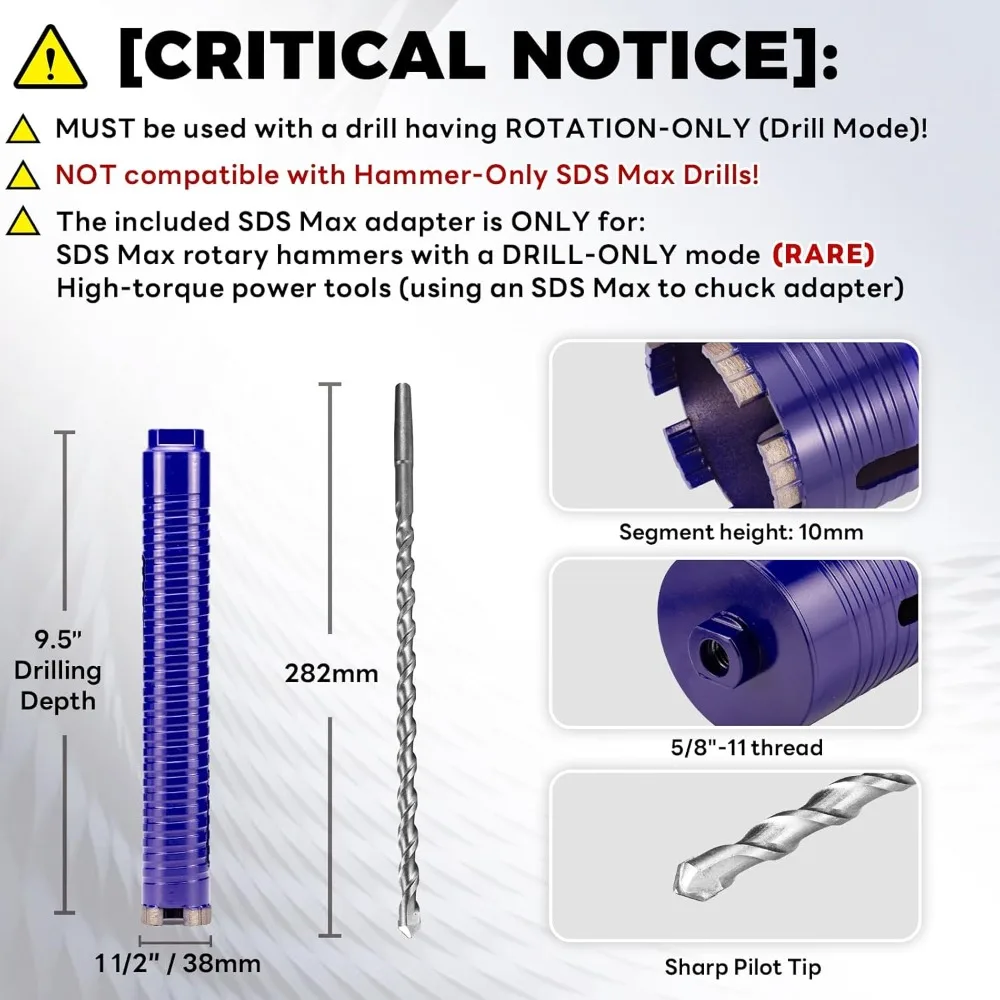 Professional Grade Dry Core Drill Bit Set with Pilot and 3 Attachments for Concrete Drilling