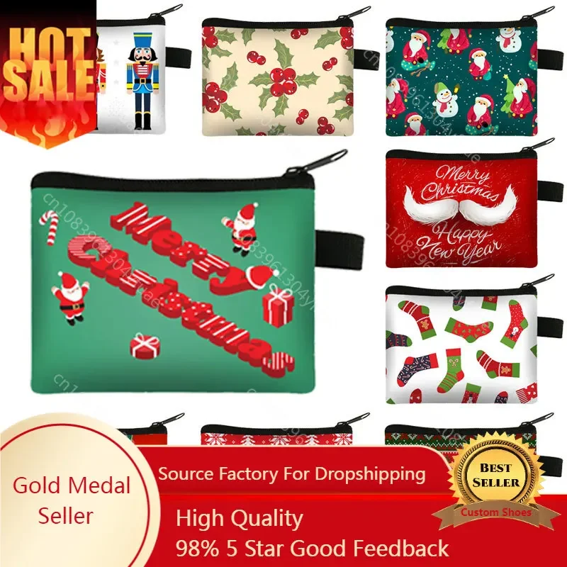 

Merry Christmas Print Coin Purse Santa Claus Card Earphone Holder Christmas Nutcracker Wallet Misletoe Coin Bag Zipper Pouch