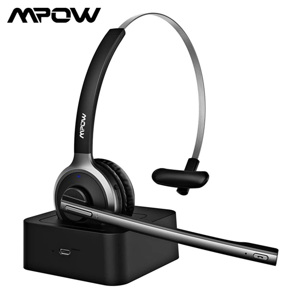 

Mpow BH231 Office Bluetooth Headset with Charging Stand Dock Wireless Over Head Earpiece with Noise Reduction Mic Headphones New