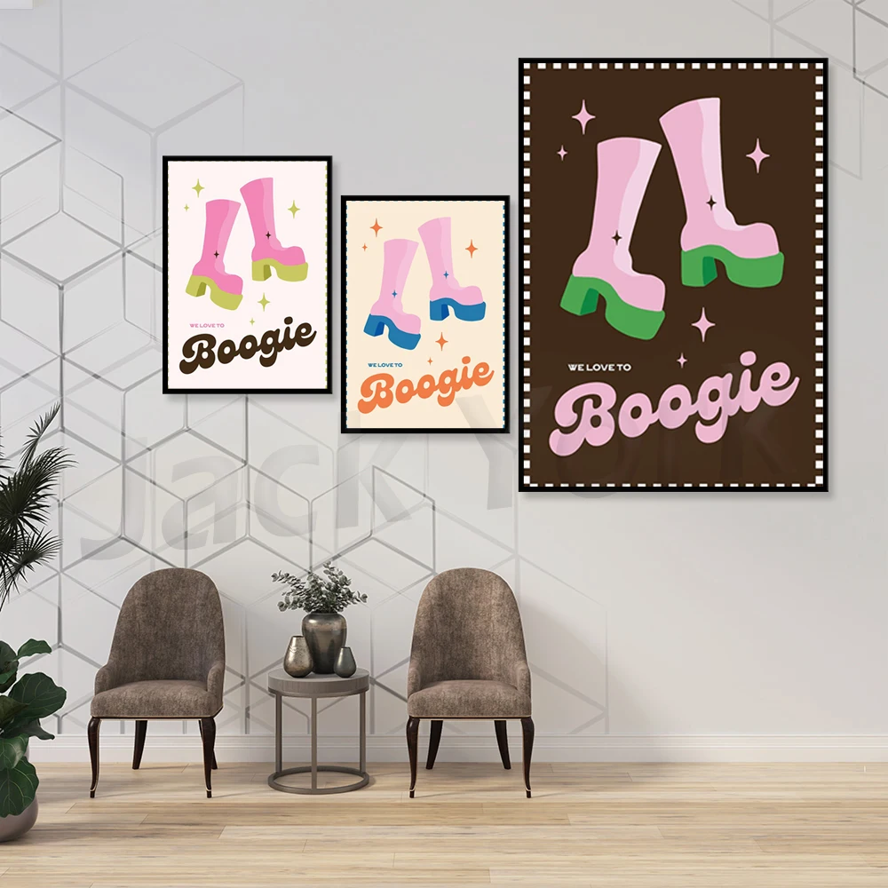We Love To Boogie Art Print | 70s Funky Poster | Music Typography Quote | MidCentury | Disco Decor | Retro | Gogo Boots | Galler