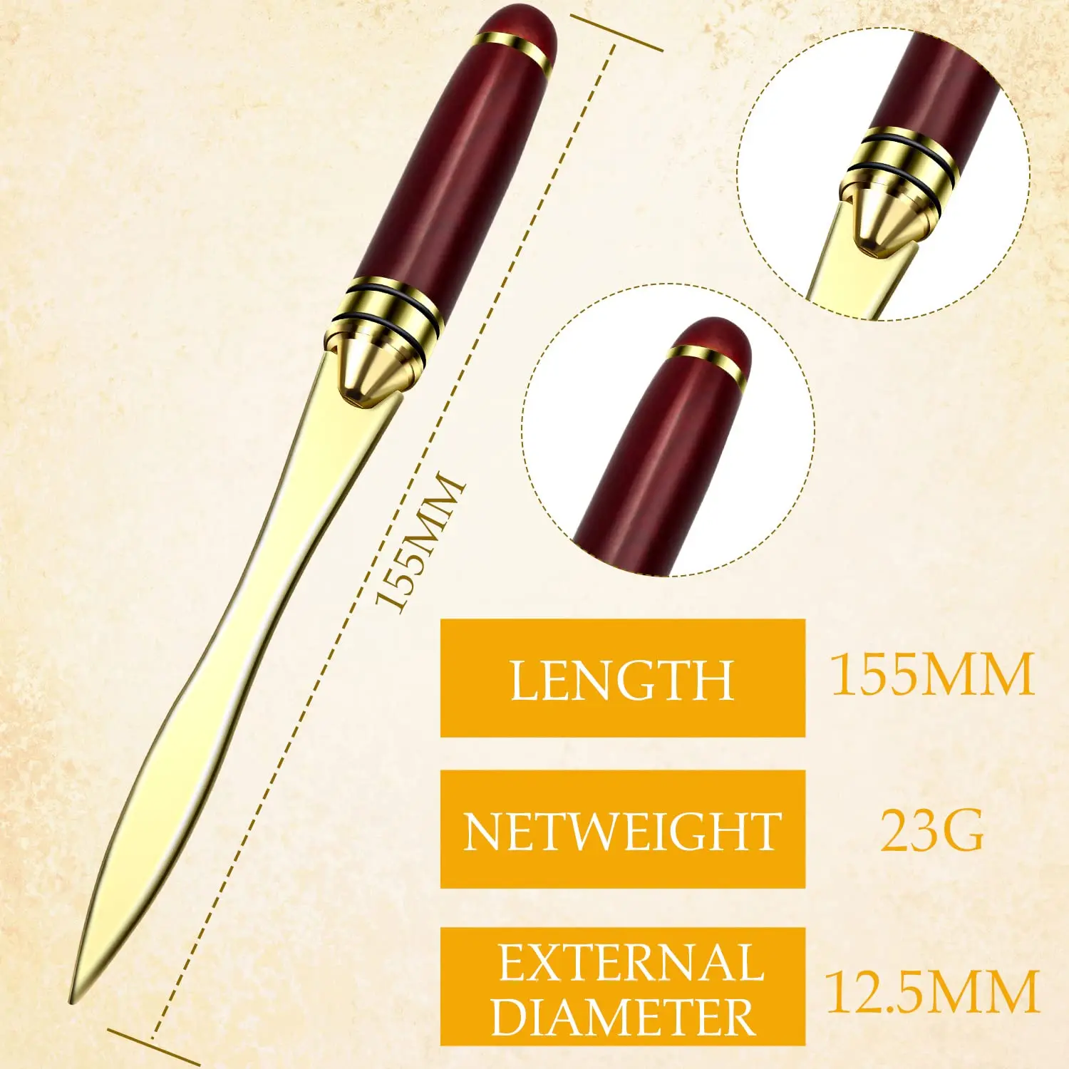 فتاحة رسائل، سكين تقطيع مغلف، فتاحة حروف معدنية مغلف، تغليف، قطع الورق، آمنة، ذهبي 21x1.5 سم