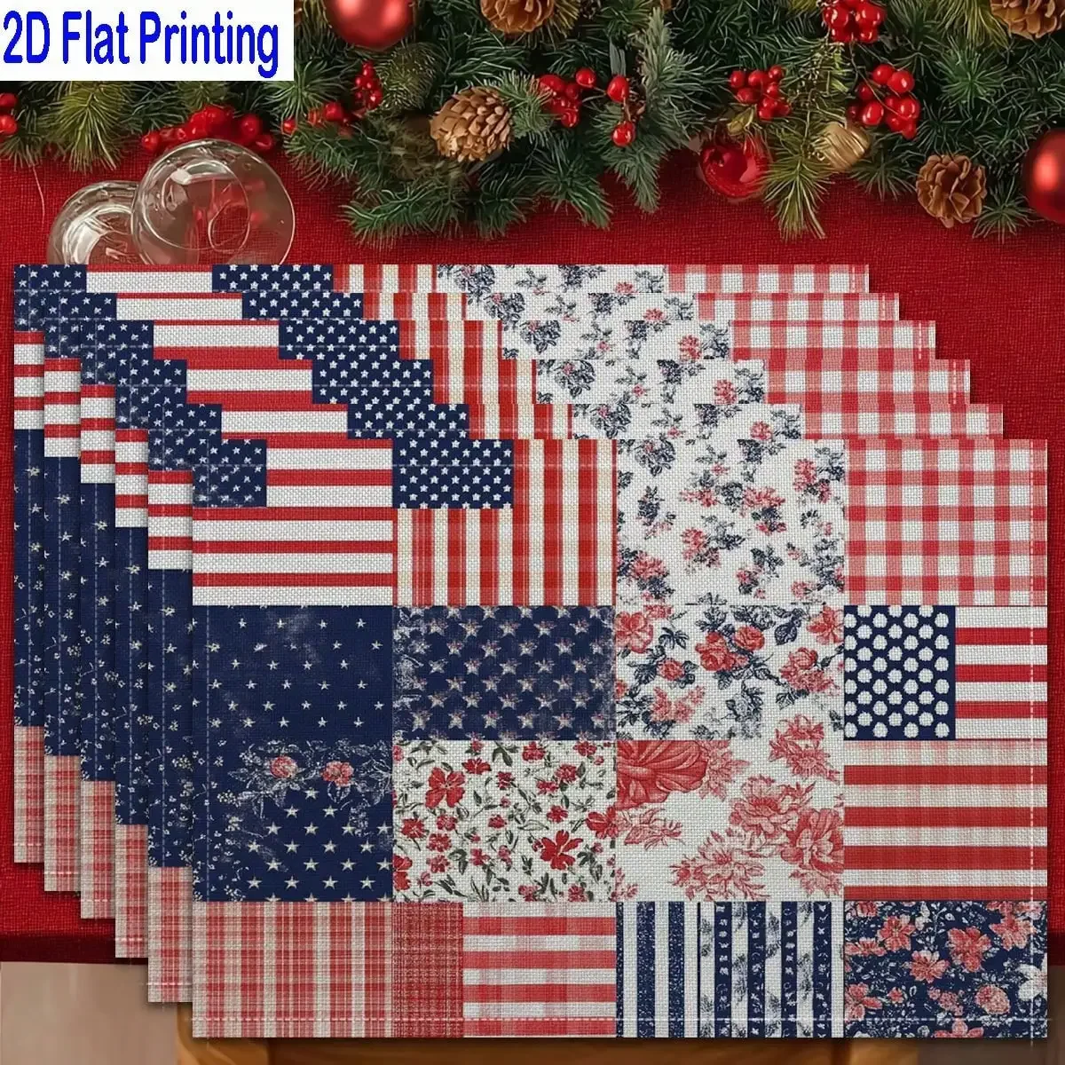 

4PCs 2D Flat Printed Red White Blue Stars Stripes Floral American Pattern Table Mats, Placemats, Heat-Resistant Kitchen Table Mats, Home Restaurant Table Mats, Outdoor Picnic Table Cloth Mats, Etc