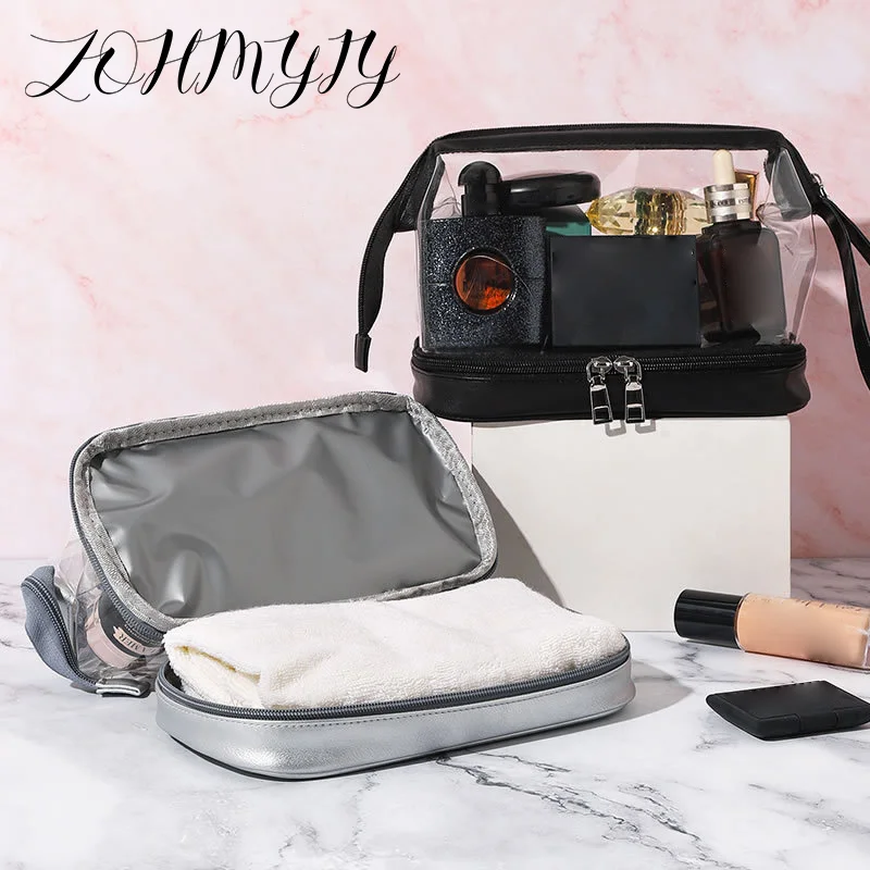 Double Layer Transparent Waterproof Makeup Bags With Handy Handle Toiletry Bag PVC Travel Cosmetics Bags Organizer Zipper Pouch