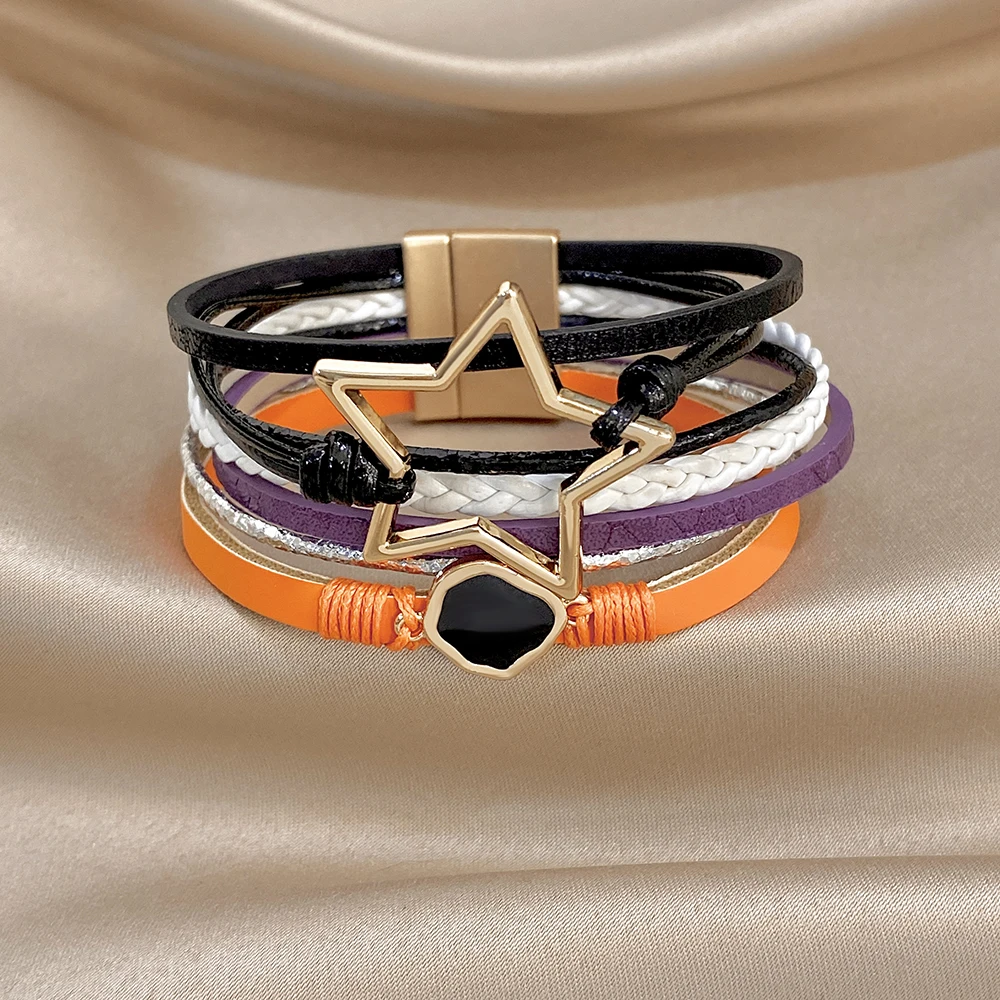 ALLYES Vintage Armband aus gewebtem Leder mit ausgehöhltem Stern für Damen, klobiges Boho-Mehrschicht-Armband, breites Wickelarmband, Charm-Schmuck – Detail 12