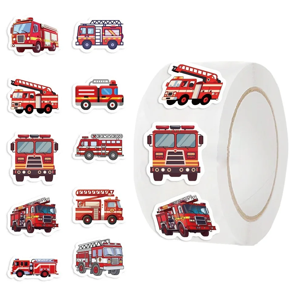 

500PCS Roll Fire Truck Stickers Cartoon Design Aesthetic Labels Vehicle Stickers Graffiti Art Nostalgia Style Truck Stickers