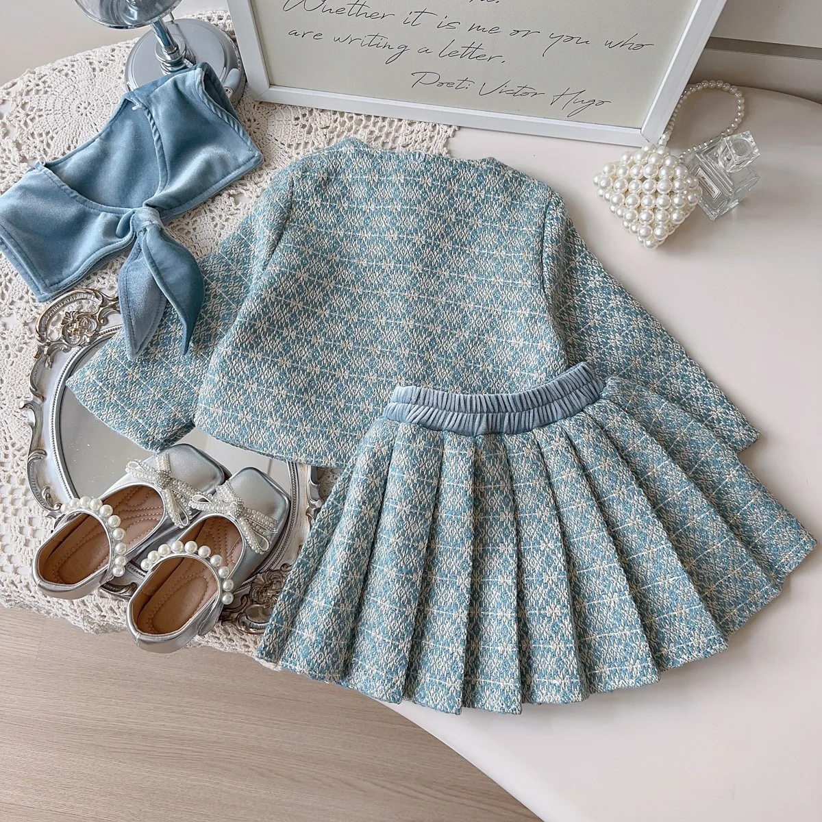 Girls' French Set Spring and Autumn 2025 New Style Baby Girl's Little Fragrant Coat, Two piece Folding Skirt Set
