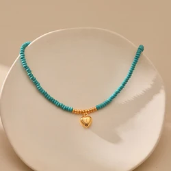 Handmade Irregular Turquoise Necklace for Women 18k Gold Plated Heart Pendant Fashion Casual Jewelry Gift Adjustable Length