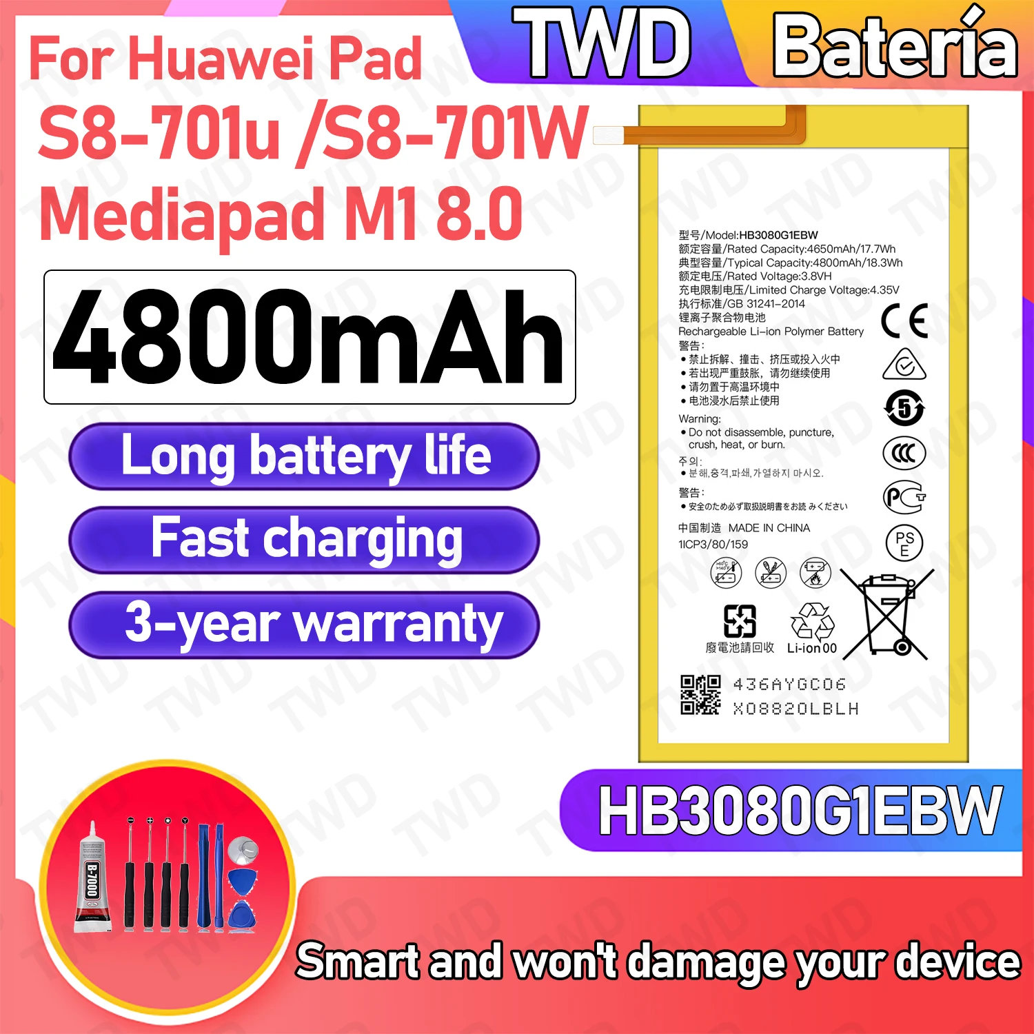 

HB3080G1EBW HB3080G1EBC Large capacity Battery For Huawei Mediapad M1 8.0/S8-701u /S8-701W Batteries New High Quanlity+Free Tool