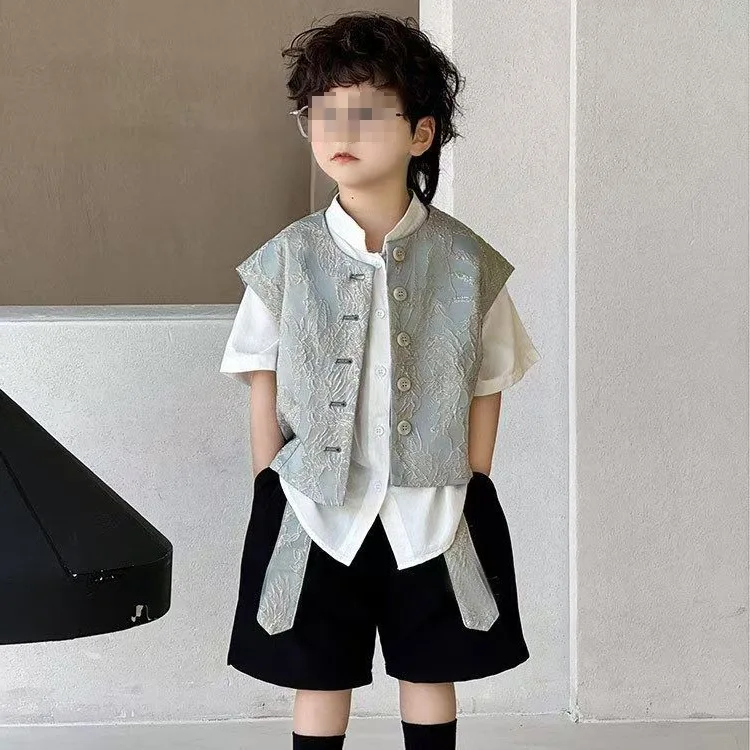 

Boys Set Short Sleeved Shirt and Shorts Round Necked Vest Chinese Style Summer Three Piece Set Fashionable Childrens Set