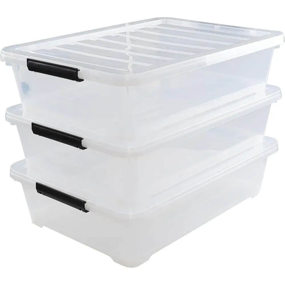 40 Quart Large lat Clear Plastic Underbed Storage Bin, 3 Packs | Stackable Under Bed Organization Boxes with Lids and Wheels