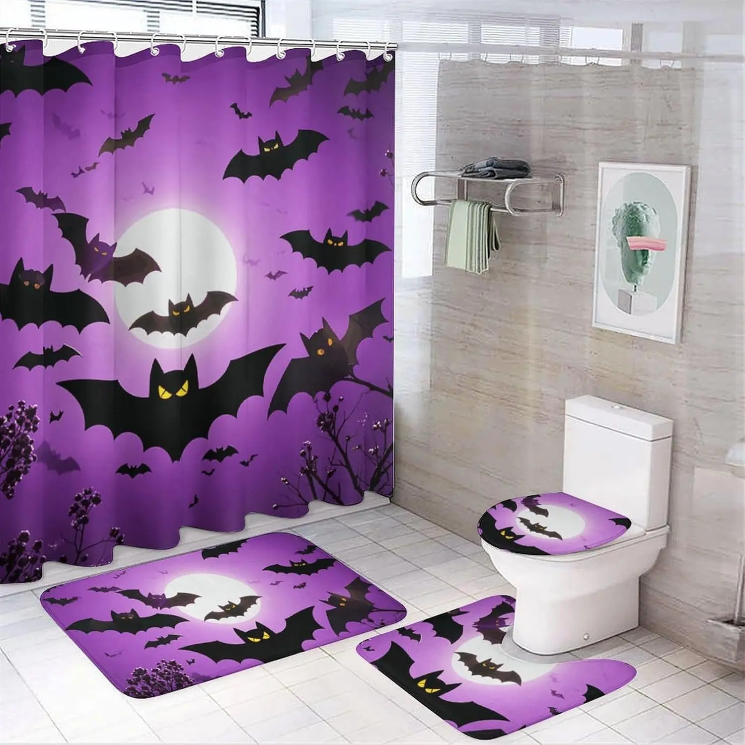

Хэллоуин Летающие Фиолетовые Летучие Мыши Набор Занавесок Для Душа из 4 Частей с Занавеской Для Душа и Ковриками Современные Шторы Для Ванной Комнаты Аксессуары Для Ванной