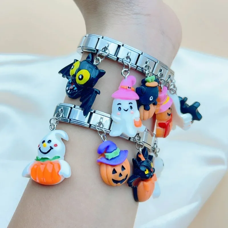 2024 New Halloween Themed Resin 3D Elastic Italian Charm Links Fit 9mm Modular Stainless Steel Modular Bracelet Making Jewelry