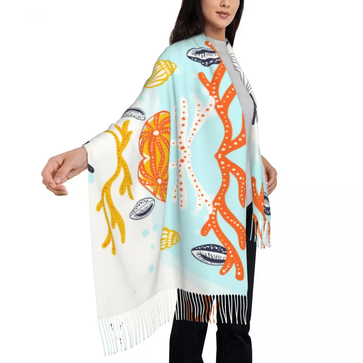 Sea Snail Coral Women's Pashmina Shawl Wraps Fringe Scarf Long Large 