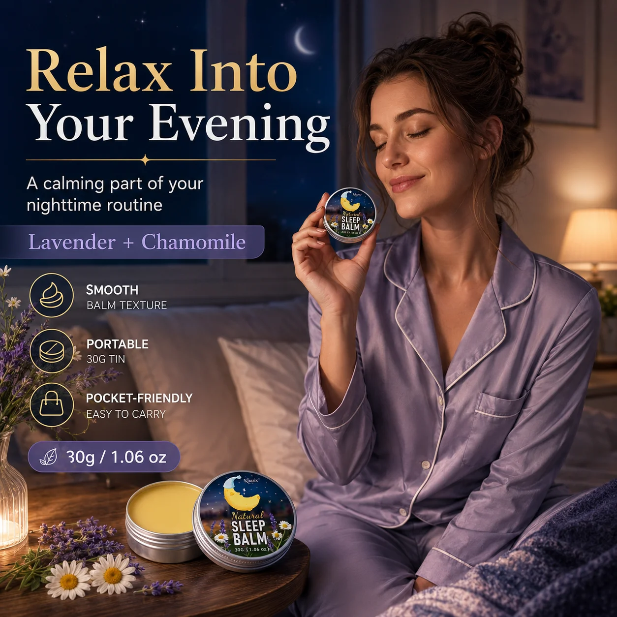 30g Sleep Balm Lavender Chamomile Nighttime Balm Calming Aroma Smooth Skin Friendly Pocket Size for Bedtime Routine Travel