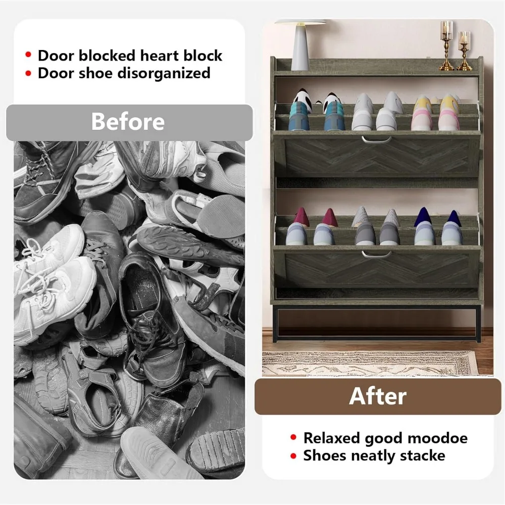 خزانة تخزين الأحذية على طراز المزرعة مع درجين، منظم أحذية ضيق للمدخل، رف مخفي بأرجل معدنية