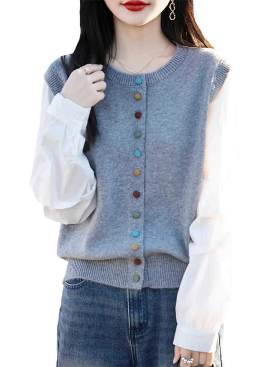   Botão de malha casual redondo ne feminino irt design sentido acolchoado falso cardigan aberto de duas peças commute sle