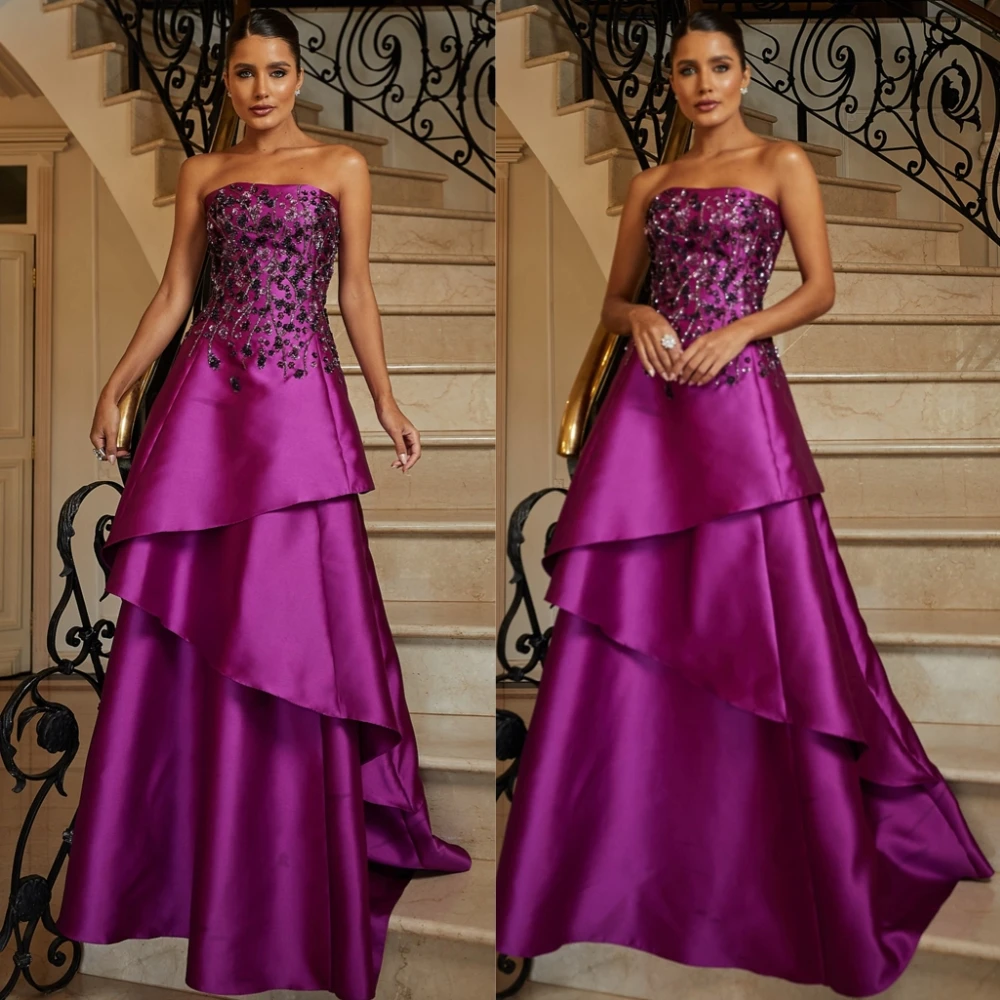 ที่กําหนดเองหรูหราซาตินชุดราตรีประดับด้วยลูกปัดดอกไม้พรหมชุดหรูหรากวาดรถไฟชุดพิเศษ