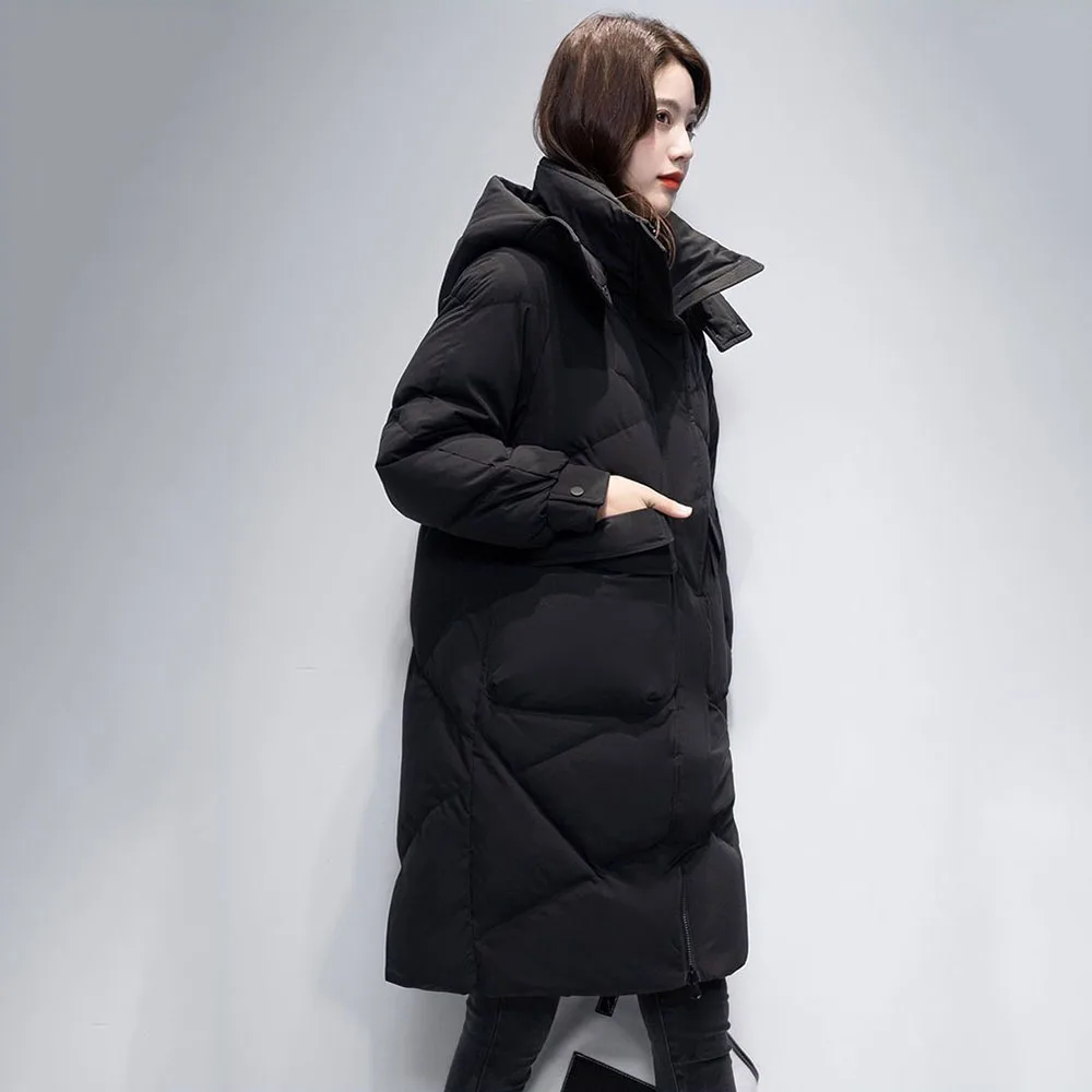 White Eiderdown Down Jacket Female Temperament in The Long 2024 New Korean Fashion Warm Slim Loose Hooded Coat Female Tide.