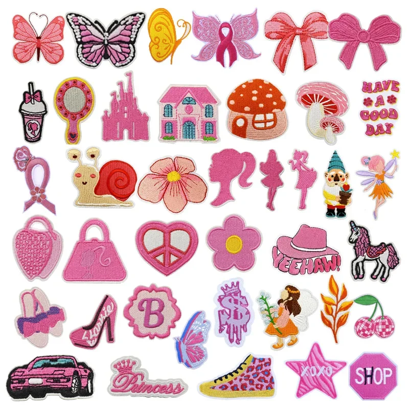 

New Design Ironing Patch Pink Series Cute Girl Bow Style Cartoon Snail Animal Cloth Applique Embroidered Sewing Dress Up Badge